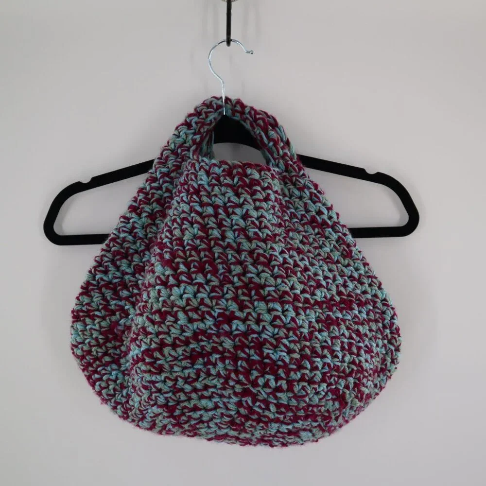 Handmade Knit Basket Bag With Handles‎ Burgundy Teal Yarn Boho Granny Cottage